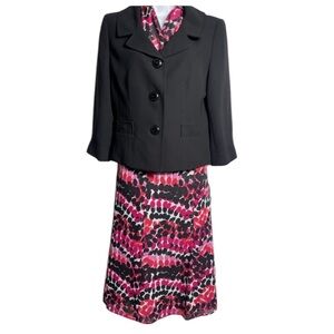 NWT Suit Studio size 8 petite fun black and pink polka dot skirt suit with scarf